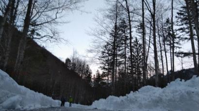 Icy road in Logarska dolina at dusk.